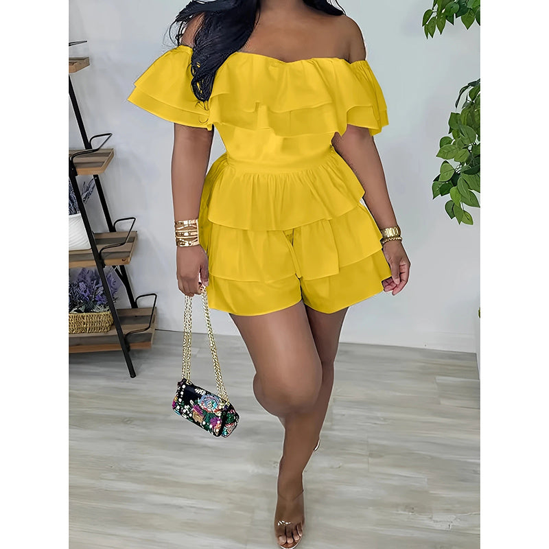 Womens Sexy Off Shoulder Rompers Summer Ruffle Short Sleeve Tiered Short Jumpsuits - kinko