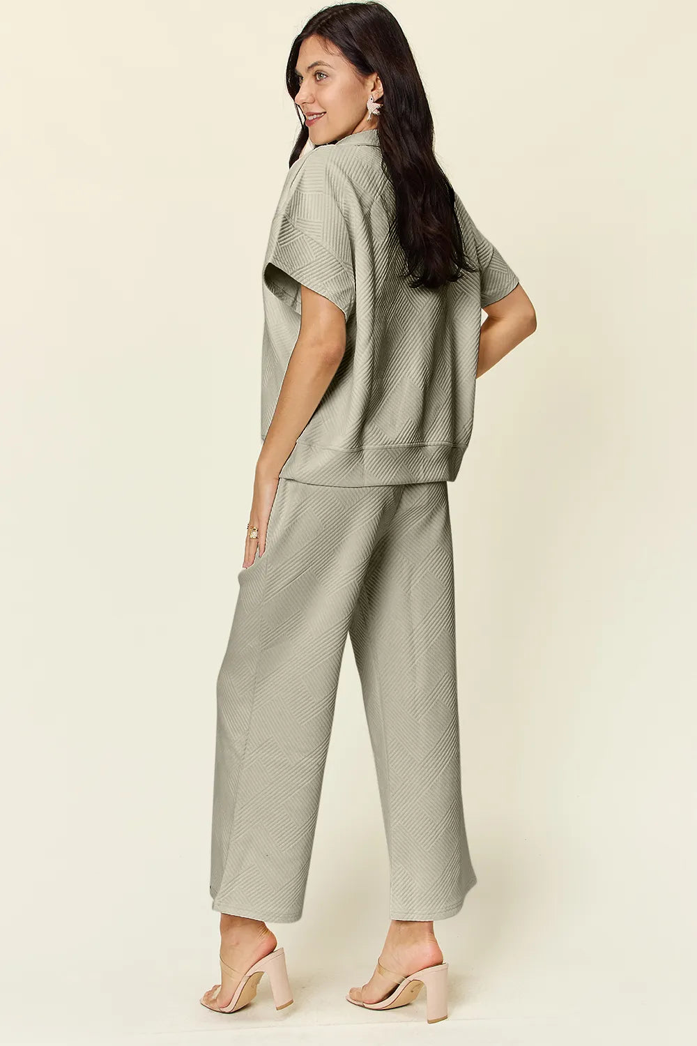 Double Take Full Size Texture Half Zip Short Sleeve Top and Pants Set - kinko