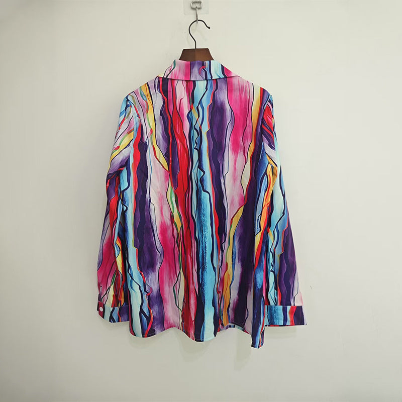 Women's Lapel Collar Printed Long Sleeve Shirt - Vibrant Colorful Pattern Button-Up Blouse Stylish Spring&Summer Vacation Top - kinko