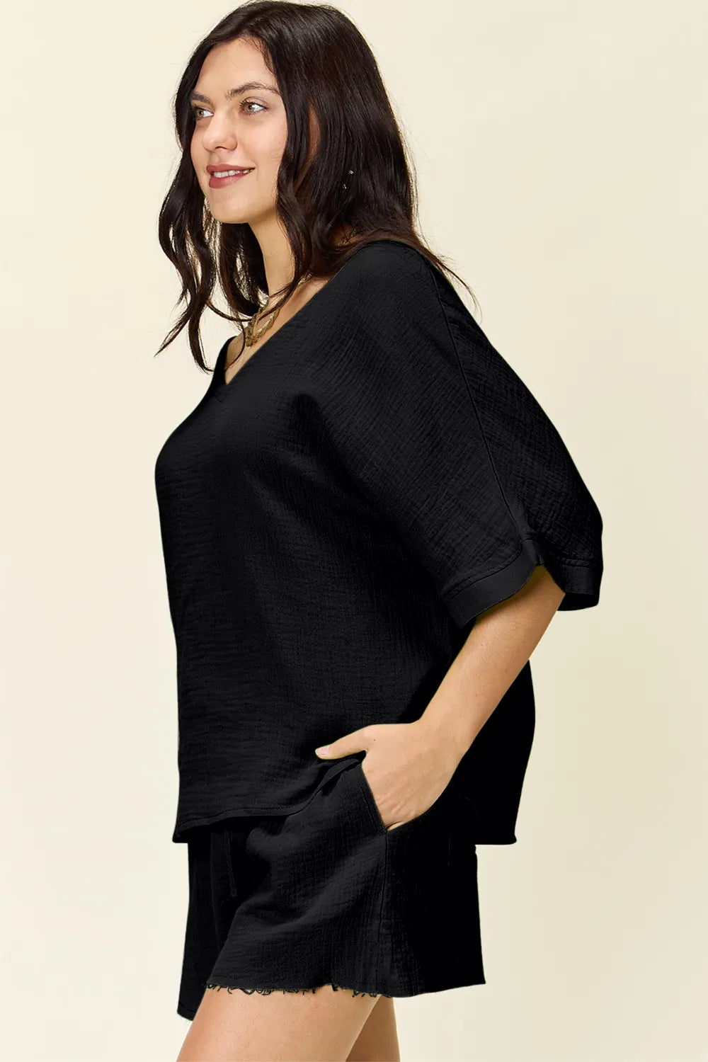 Double Take Texture Half Sleeve T-Shirt and Drawstring Shorts Set - kinko