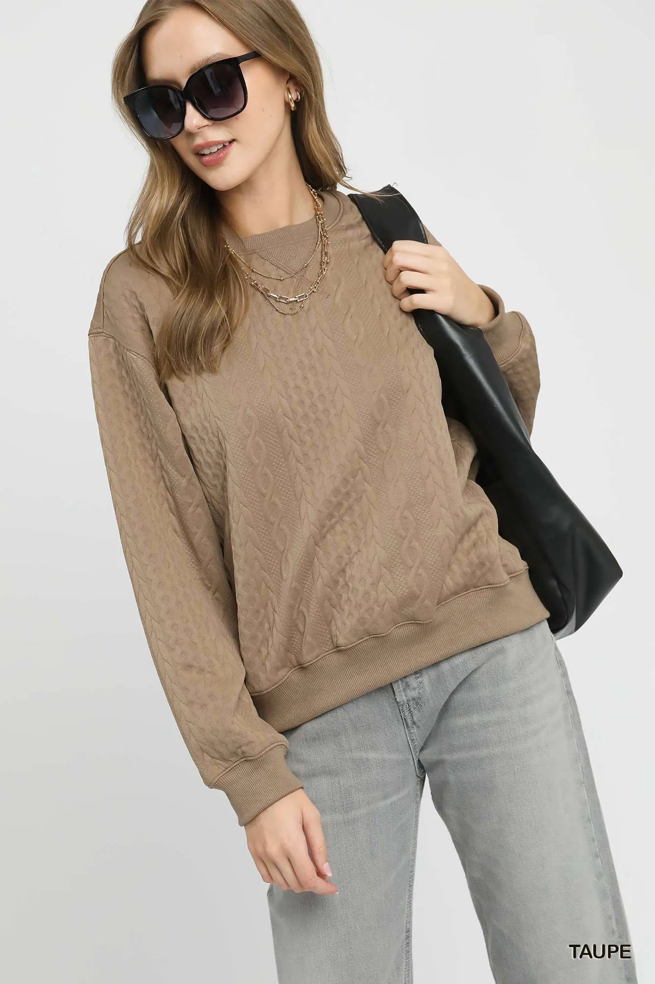 Umgee Cable Texture Pattern Sweatshirt with Ribbed Hem - kinko