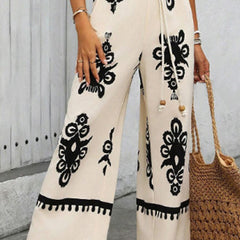 Women's Summer Boho Jumpsuits One Piece Beach Vacation Outfits Shirred Strap Wide Leg Pants Rompers With Pockets - kinko