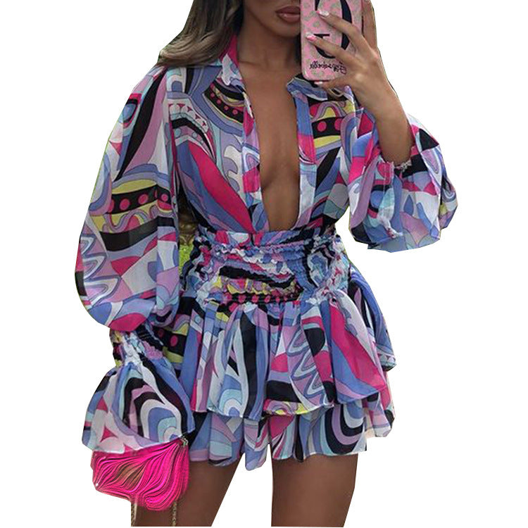 V-neck Printing Temperament Short Dresses For Women - kinko