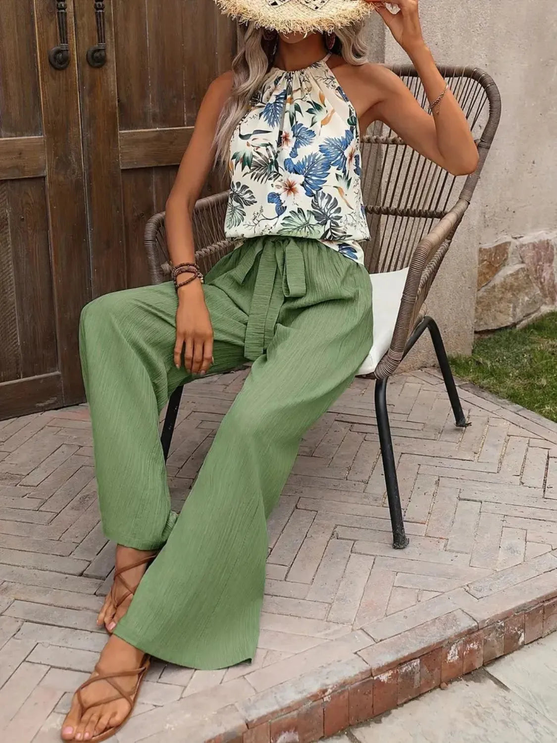Printed Tank Top and Wide Leg Pants Set - kinko