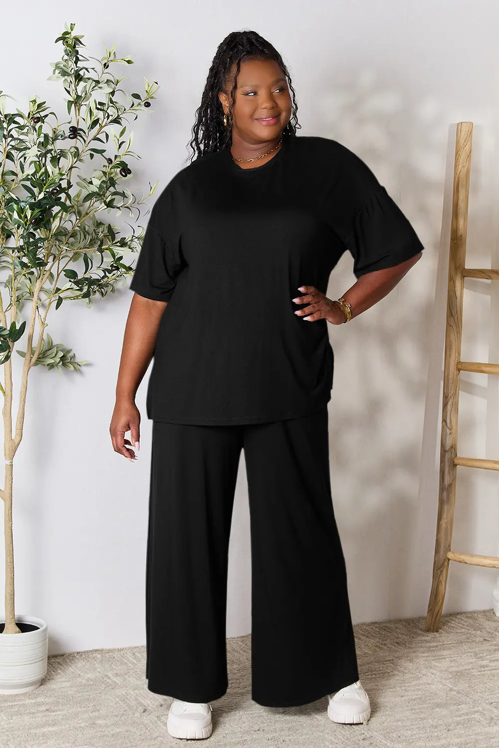 Double Take Full Size Round Neck Slit Top and Pants Set - kinko