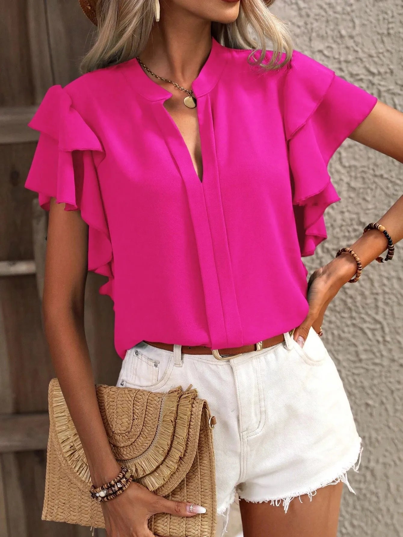 Ruffle Sleeve Notched Blouse - kinko