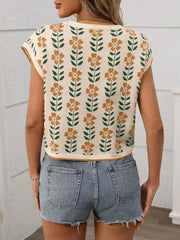 Flower Round Neck Short Sleeve Knit Top - kinko