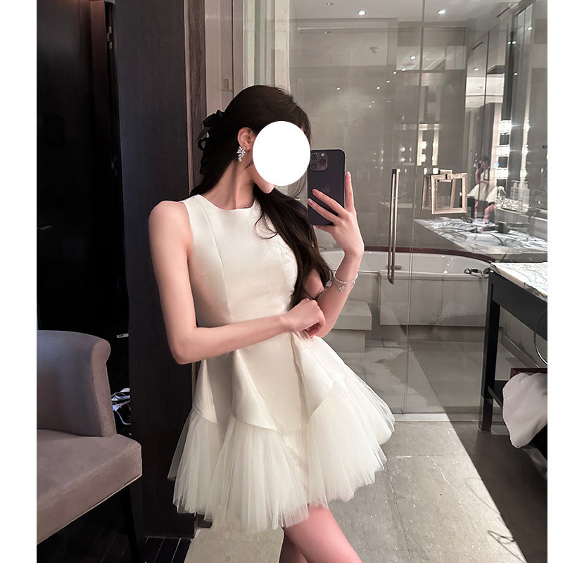 Puff Mesh Stitching Pearlescent Dress - kinko