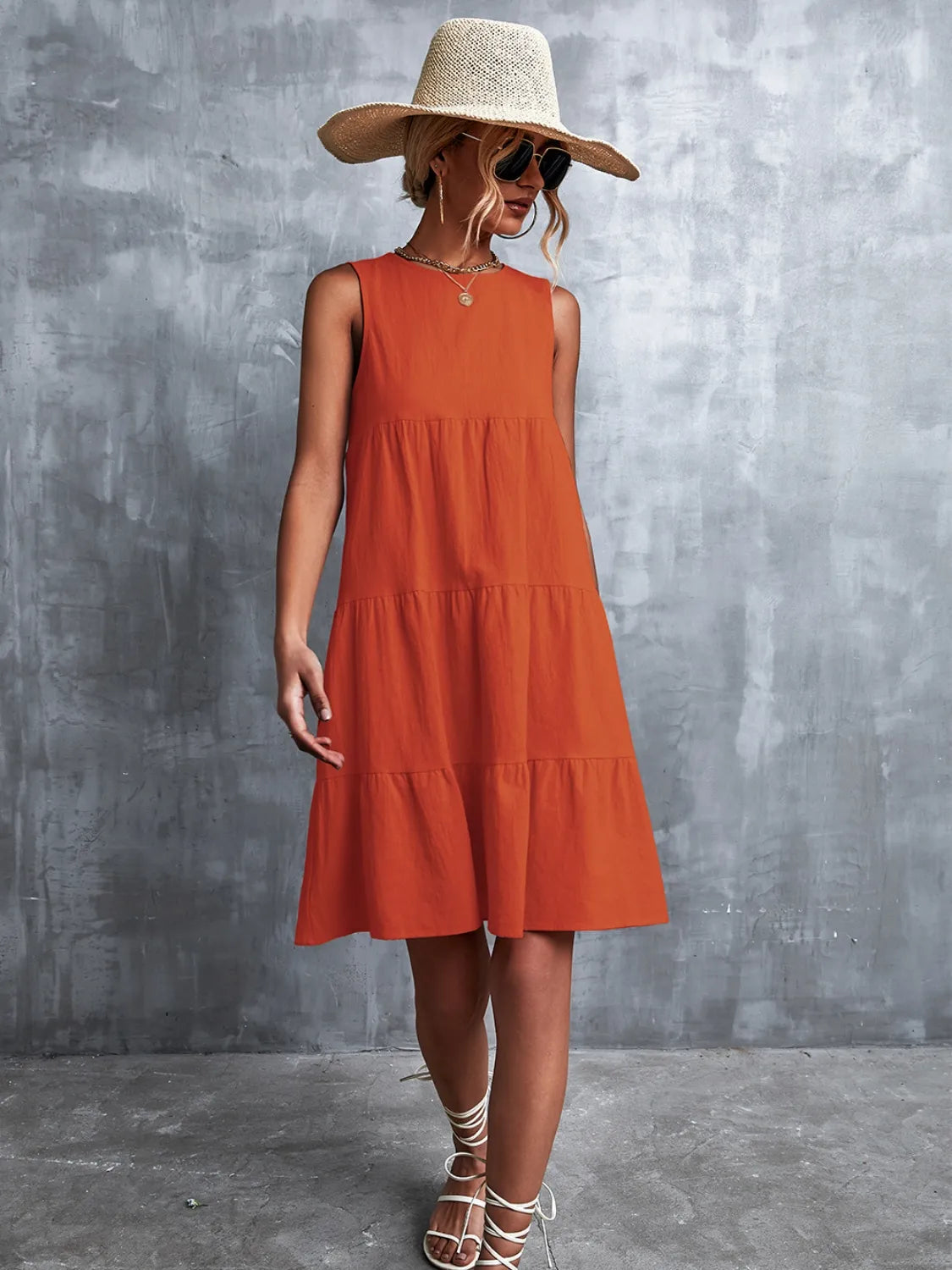 Tiered Round Neck Sleeveless Mini Tank Dress - kinko