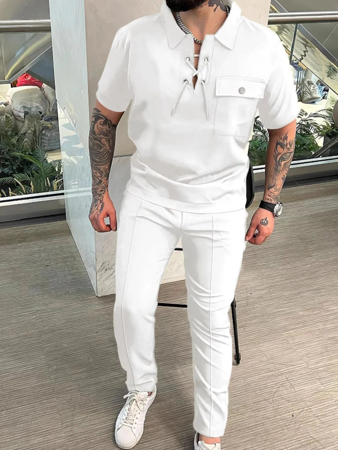 Men's Full Size Lace Up Short Sleeve Top and Pants Plus Size - kinko