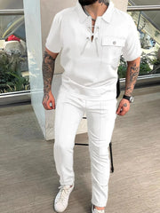 Men's Full Size Lace Up Short Sleeve Top and Pants Plus Size - kinko