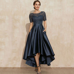 Navy Blue Satin Ball Lace Short Sleeve Dress - kinko