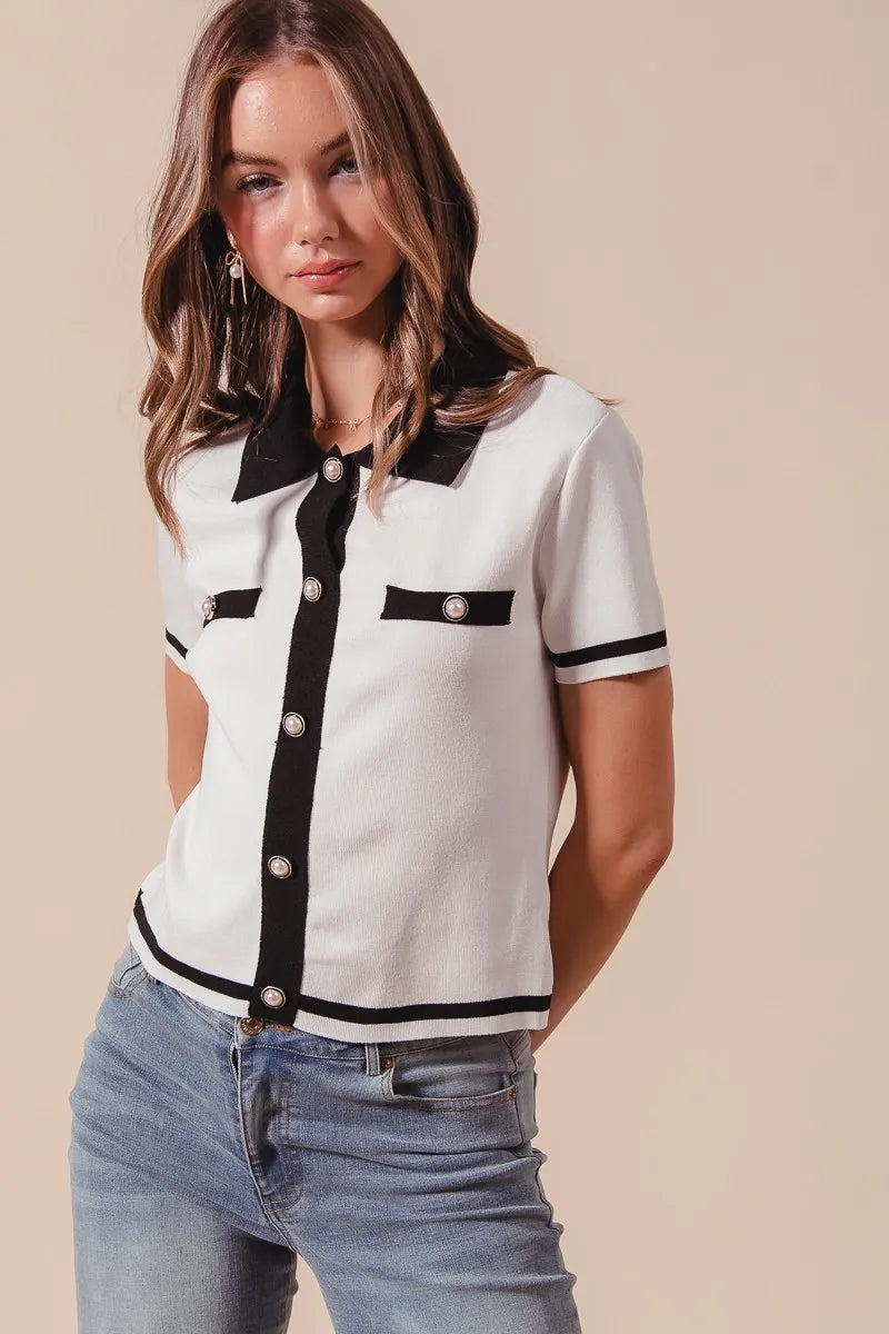 SO ME Button Down Knitted Sweater Shirt Top - kinko