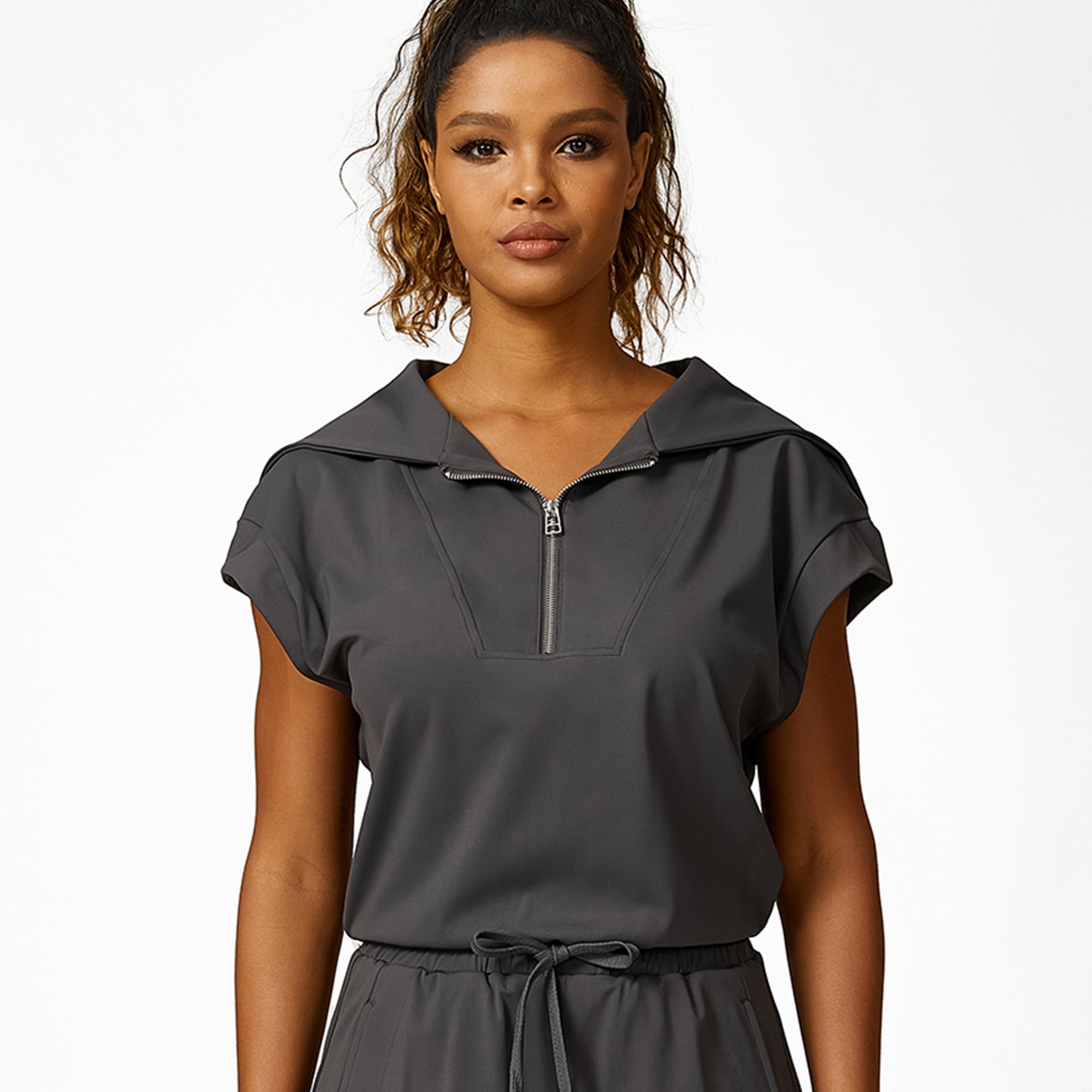 Loose Half Zipper And Lapel Sleeveless Top Casual Trousers Lace-up Shorts Three-piece Set - kinko