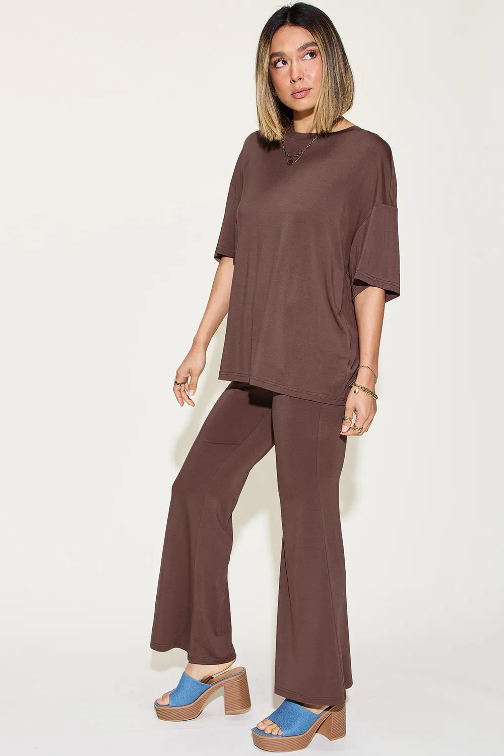 Basic Bae Full Size Bamboo Drop Shoulder T-Shirt and Flare Pants Set - kinko
