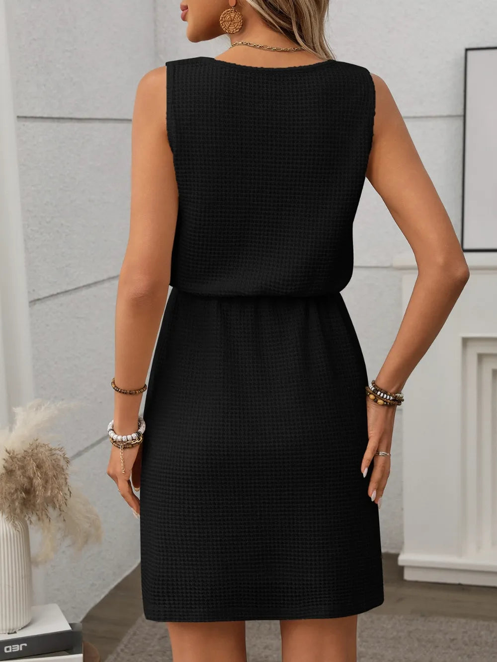 Waffle-Knit Drawstring Mini Tank Dress - kinko