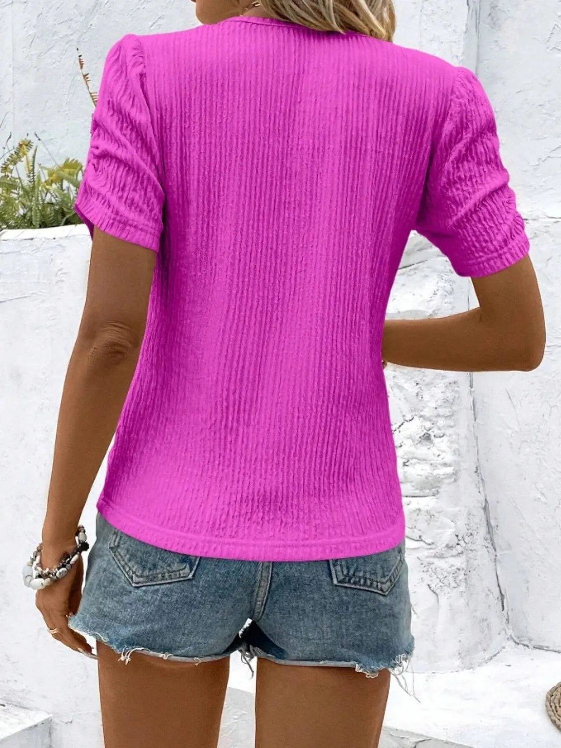 Ruched Round Neck Short Sleeve Top - kinko
