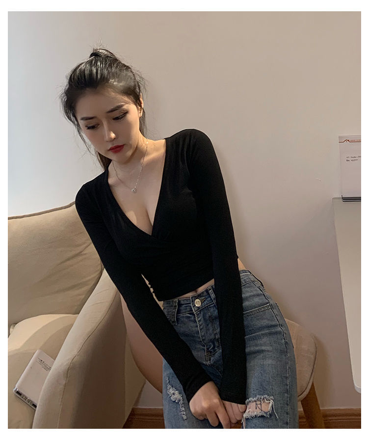 Long Sleeve Short Sexy Tight Navel Bottoming Shirt Women's Top - kinko