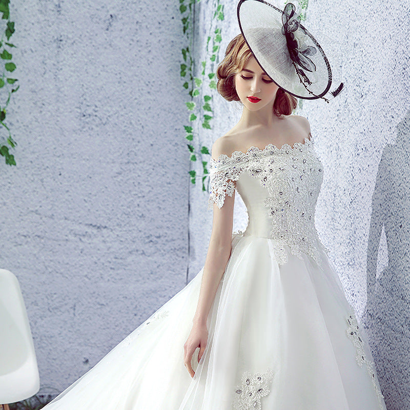Wedding Dress Bride One-shoulder Trailing French Veil Hepburn Female - kinko