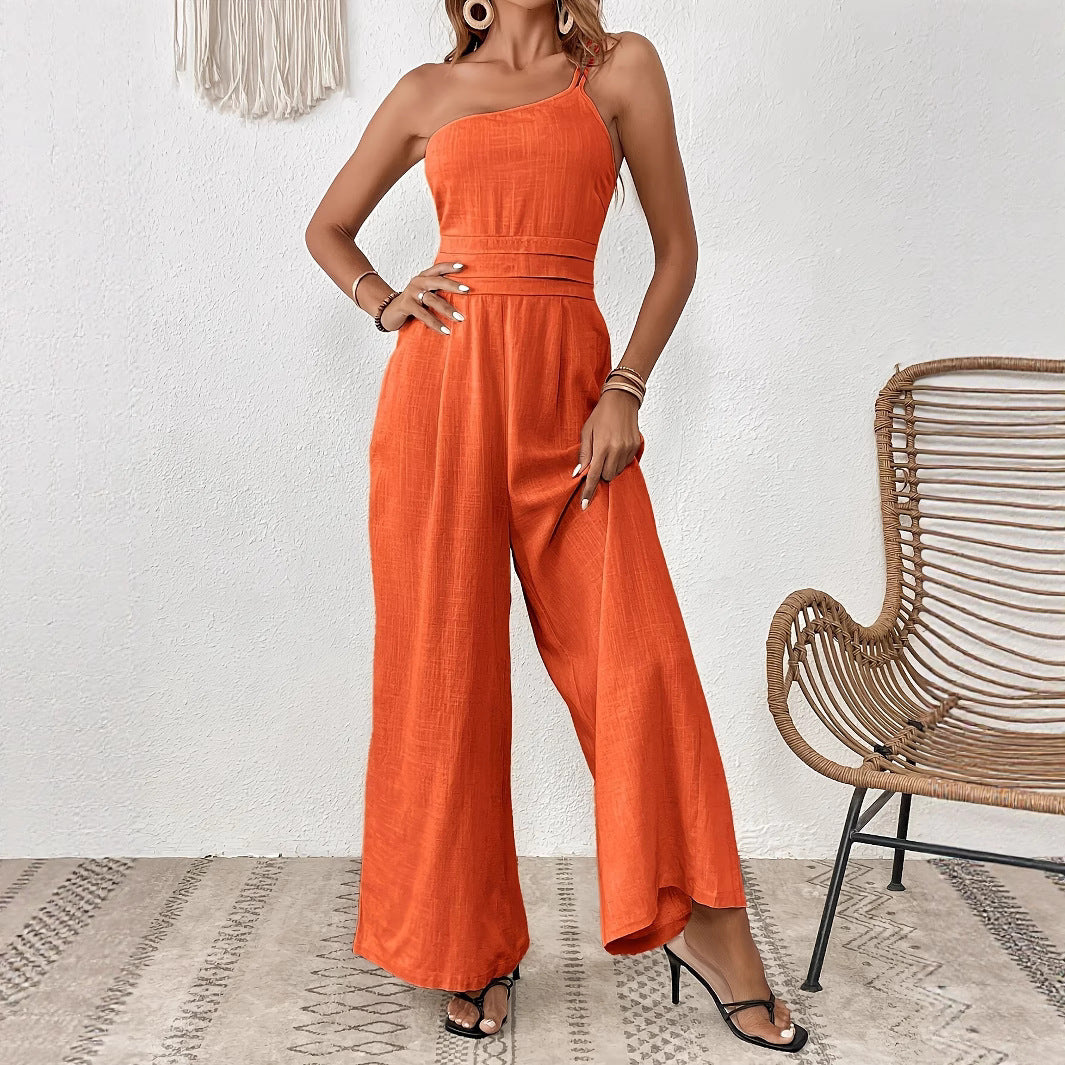 Women's Solid Color Wide-leg Thin One-shoulder Jumpsuit - kinko