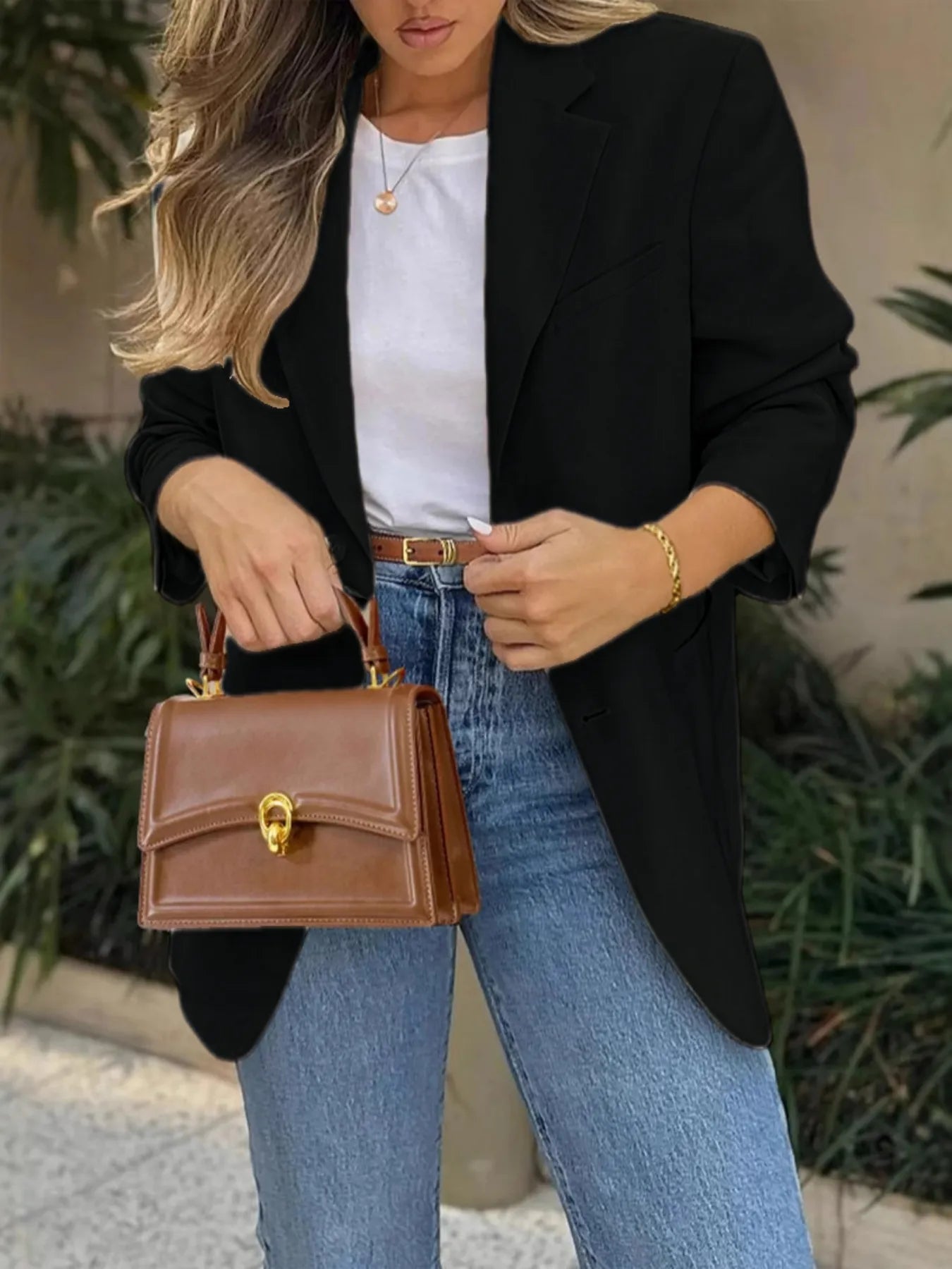 Pocketed Lapel Collar Long Sleeve Blazer - kinko