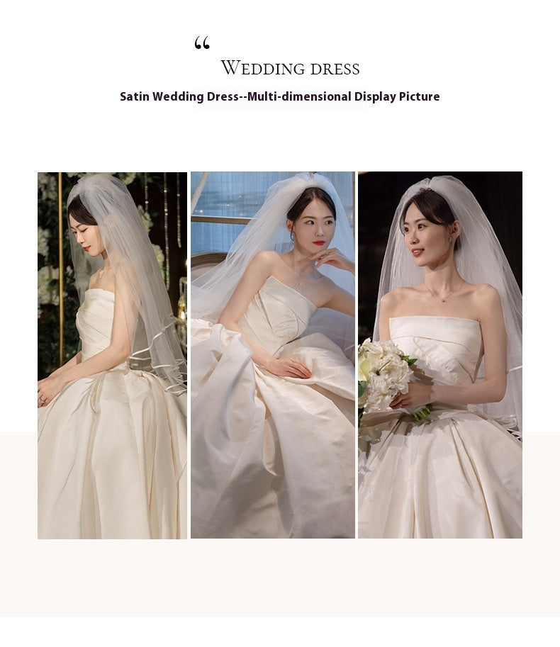 Women's Satin Tube Top Simple Elegant French Style Large Tail Elegant Wedding Dress - kinko
