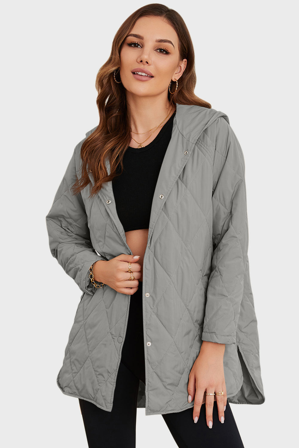 Snap Down Hooded Slit Winter Coat - kinko