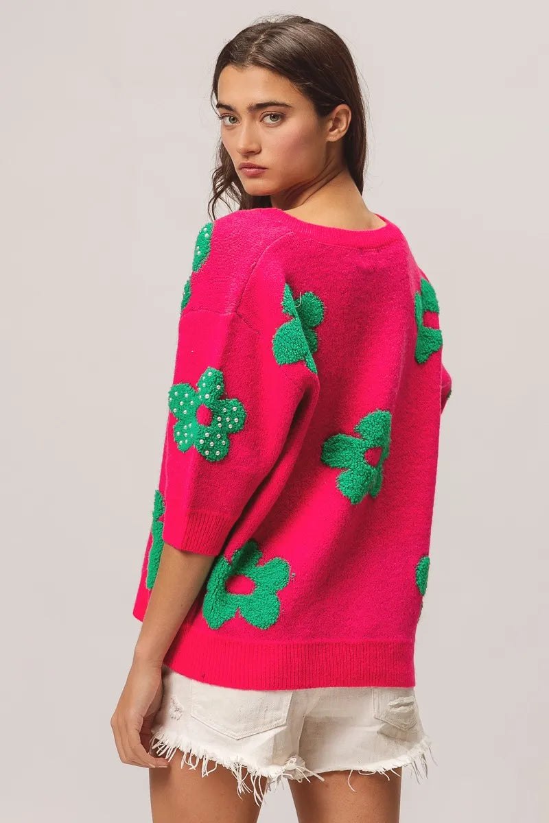BiBi Pearl Beads Flowers Sweater Top - kinko