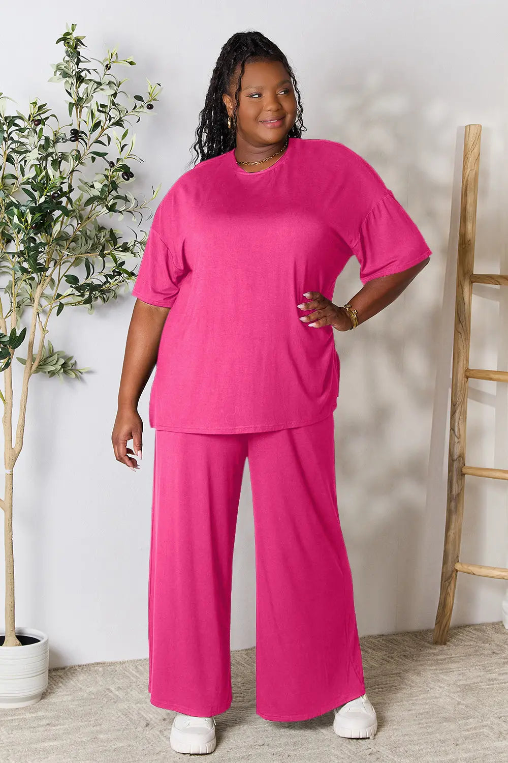 Double Take Full Size Round Neck Slit Top and Pants Set - kinko