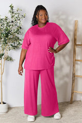 Double Take Full Size Round Neck Slit Top and Pants Set - kinko