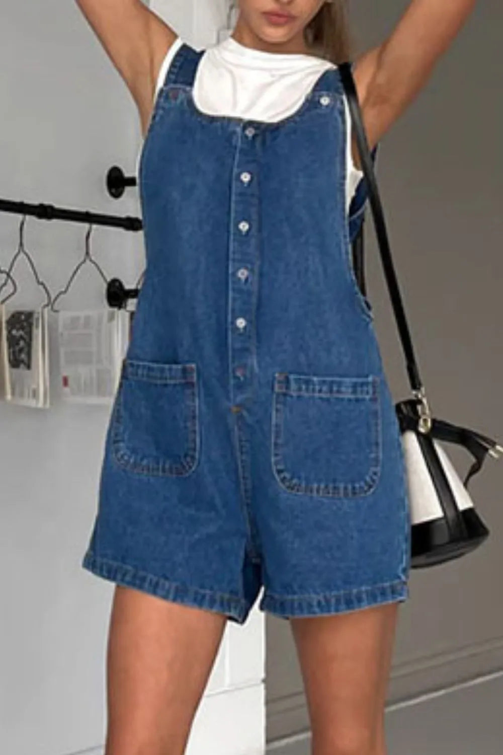 Button Front Denim Overall Shorts with Front Pockets - kinko