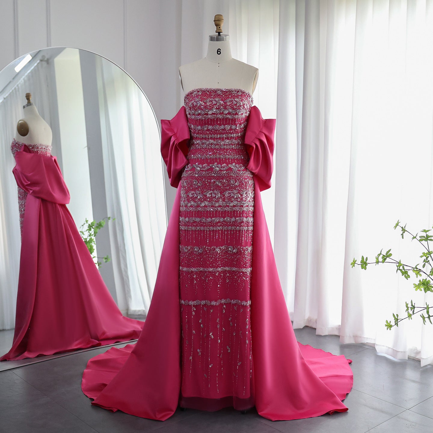 Foreign Trade Tube Top Heavy Industry Beads Off-shoulder Satin Trailing Evening Dress - kinko