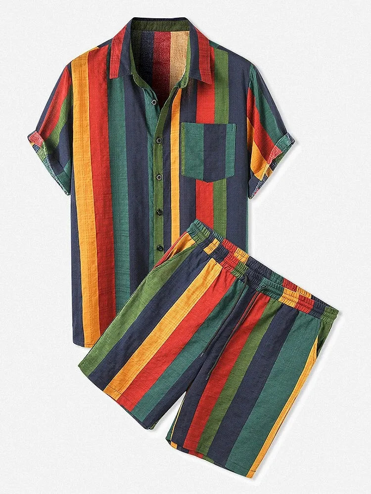 Men's Full Size Striped Button Up Shirt and Shorts Set Plus Size - kinko