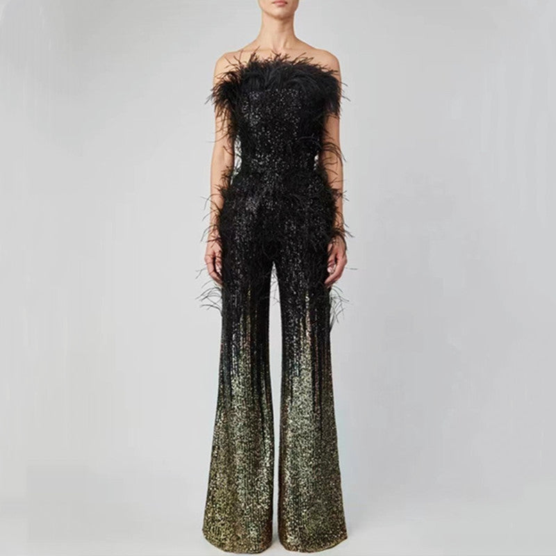 Ostrich Feather Gradient Sequin Tube Top Jumpsuit - kinko
