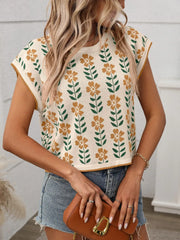 Flower Round Neck Short Sleeve Knit Top - kinko