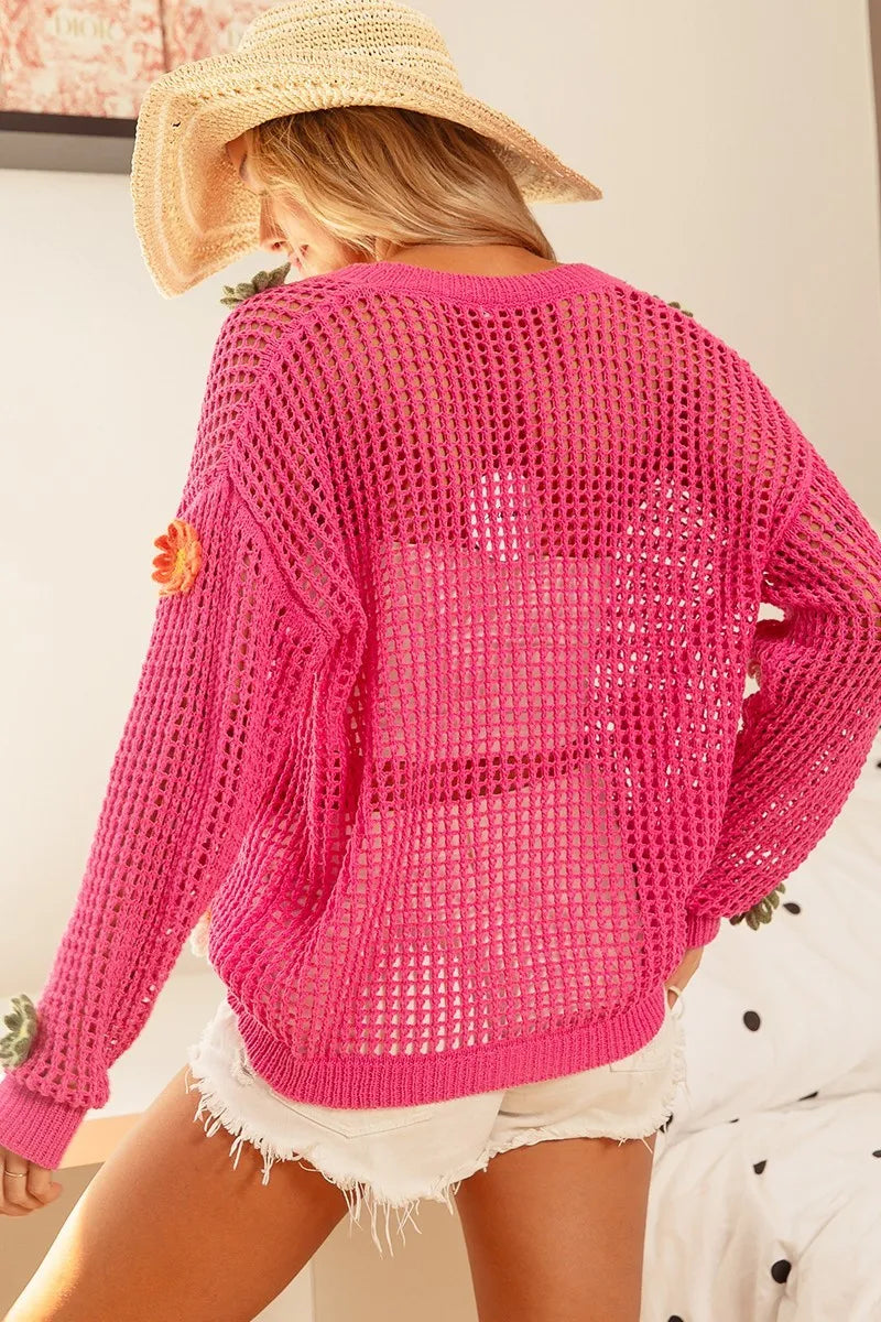 BiBi Flower Patches Open Knit Sweater Cardigan - kinko