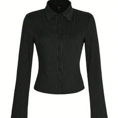 Fashion Casual All-match V-neck Striped Long Sleeve Shirt Top - kinko