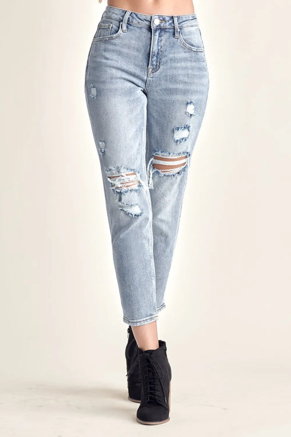RISEN – Schmal geschnittene Distressed-Jeans