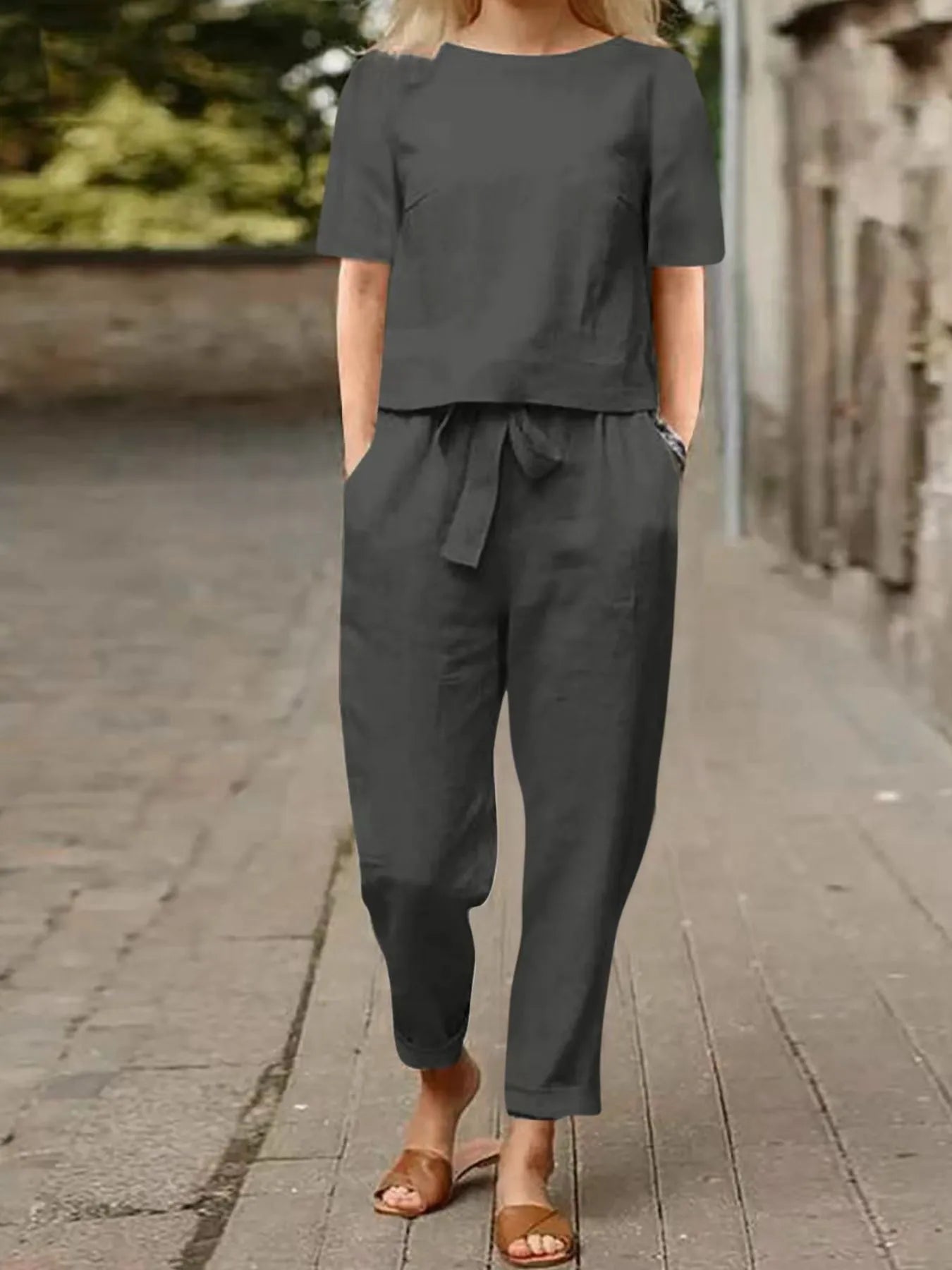 Full Size Round Neck Short Sleeve Top and Pants Set Plus Size - kinko
