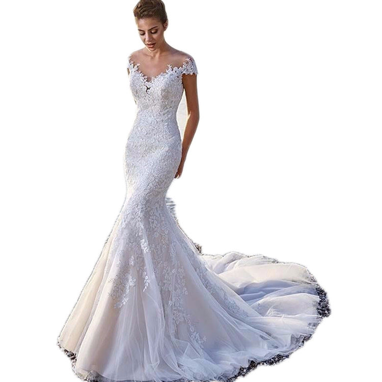 Princess Bride Mermaid Wedding Dress White Trailing Perspective Backless Lace Wedding Dress - kinko