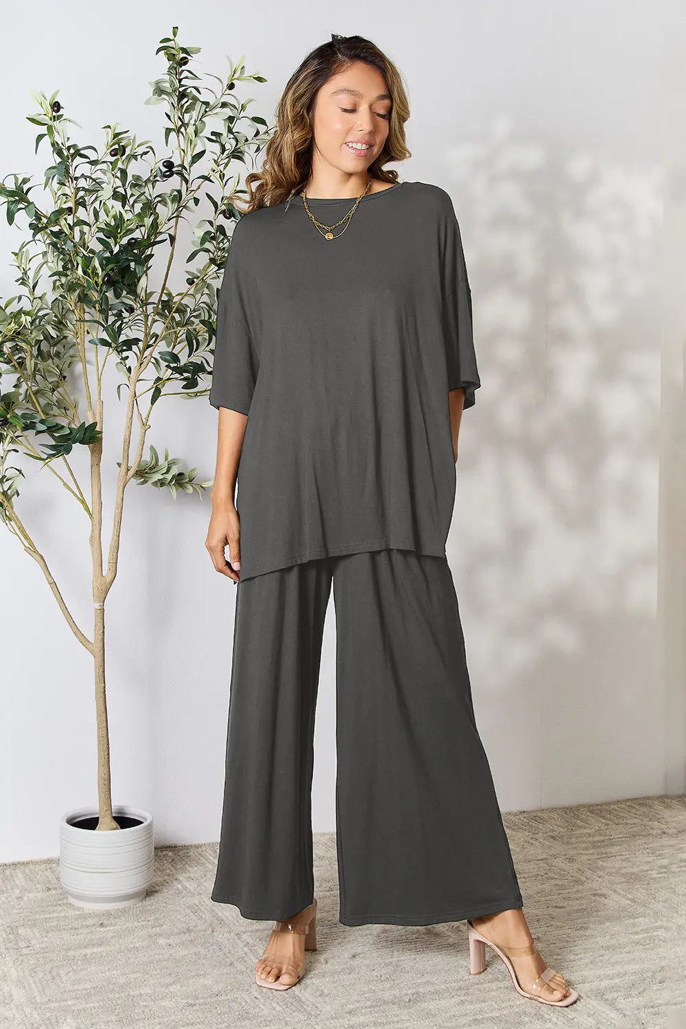 Double Take Full Size Round Neck Slit Top and Pants Set - kinko