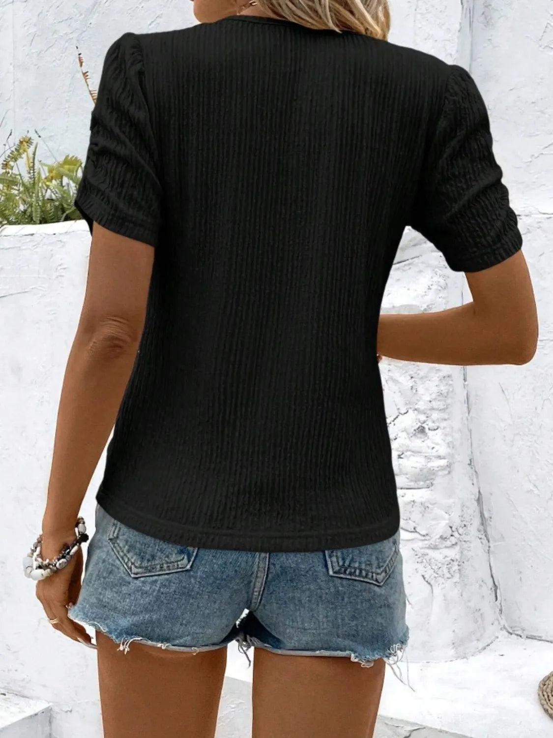 Ruched Round Neck Short Sleeve Top - kinko