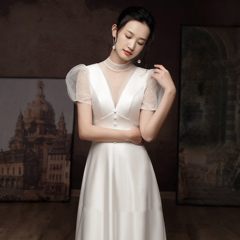 White Engagement Wedding Dress Female French Satin Light Wedding Dress - kinko
