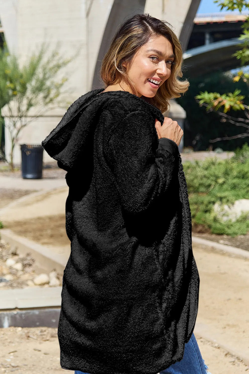 Double Take Full Size Hooded Teddy Bear Jacket with Thumbholes - kinko