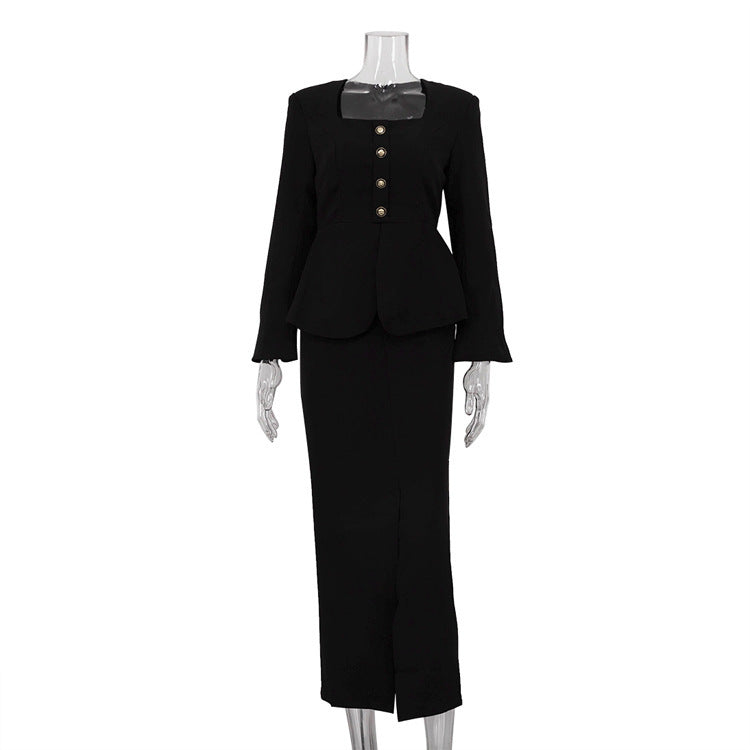 Square Collar Long Sleeve Cardigan Top Package Hip Skirt Two-piece Set - kinko