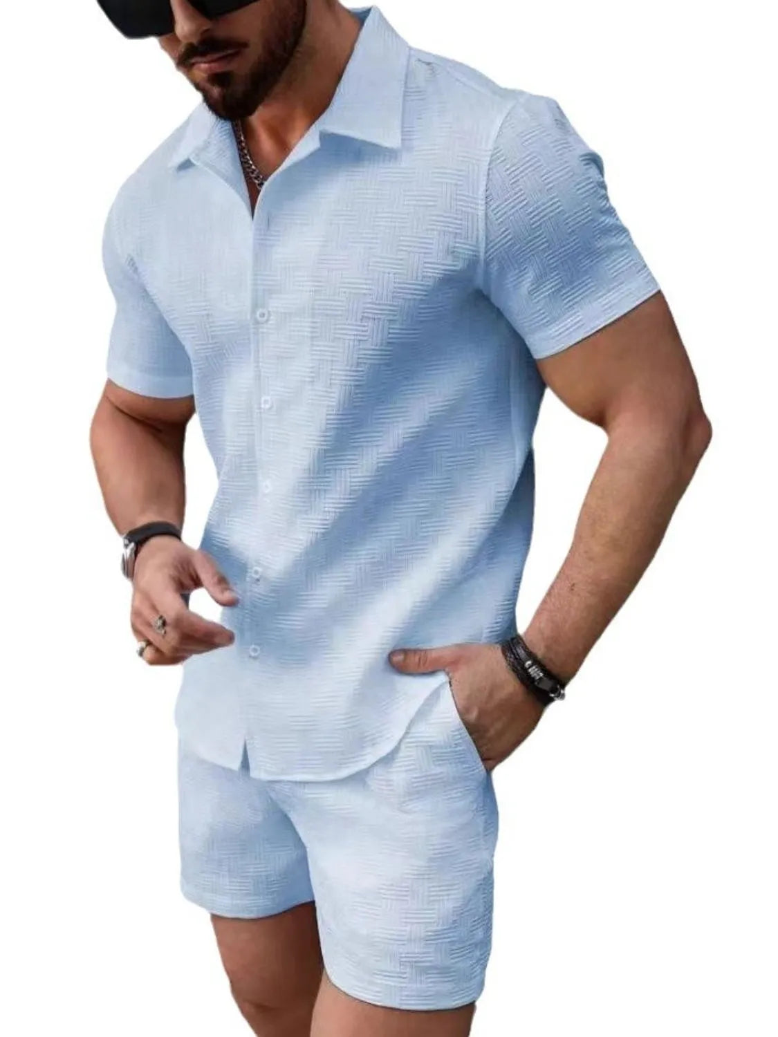 Men's Button Up Short Sleeve Shirt and Shorts Set - kinko
