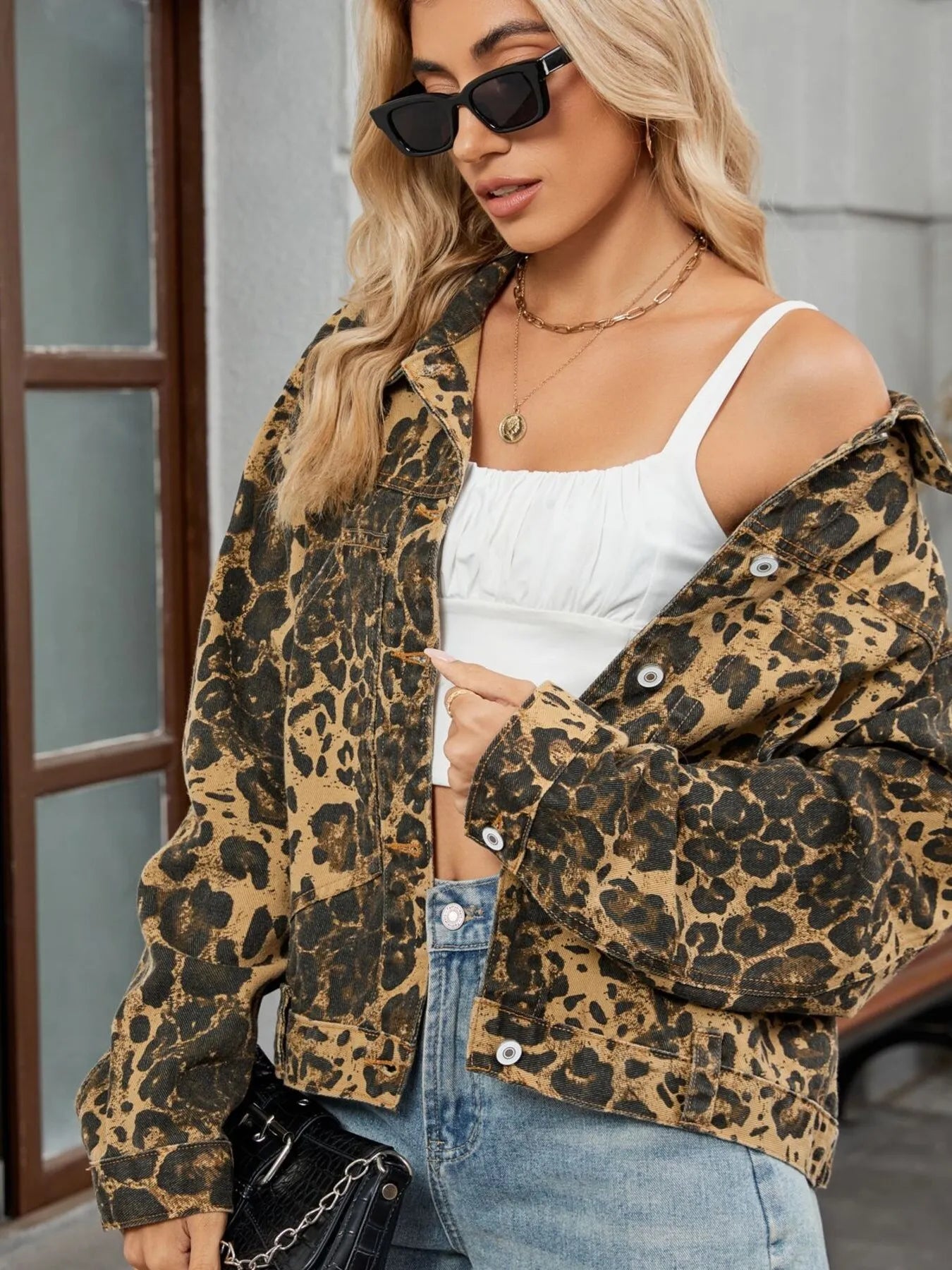 Leopard Print Button Up Denim Jacket - kinko