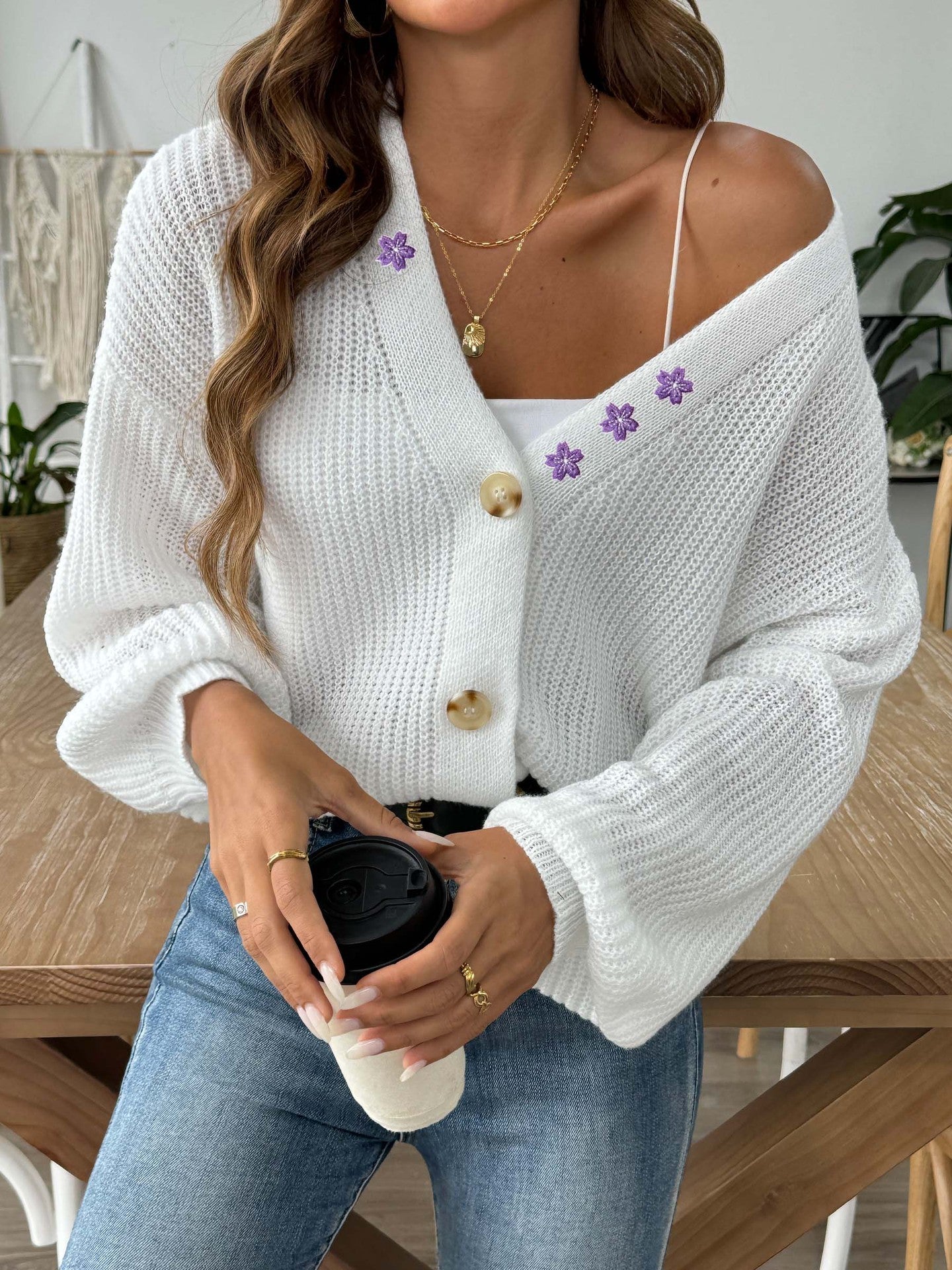 Embroidered Stickers Short Button Coat Sweater Cardigan - kinko