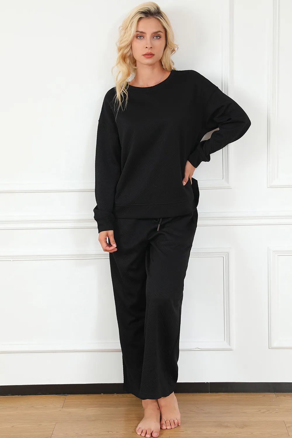 Double Take Full Size Textured Long Sleeve Top and Drawstring Pants Set - kinko