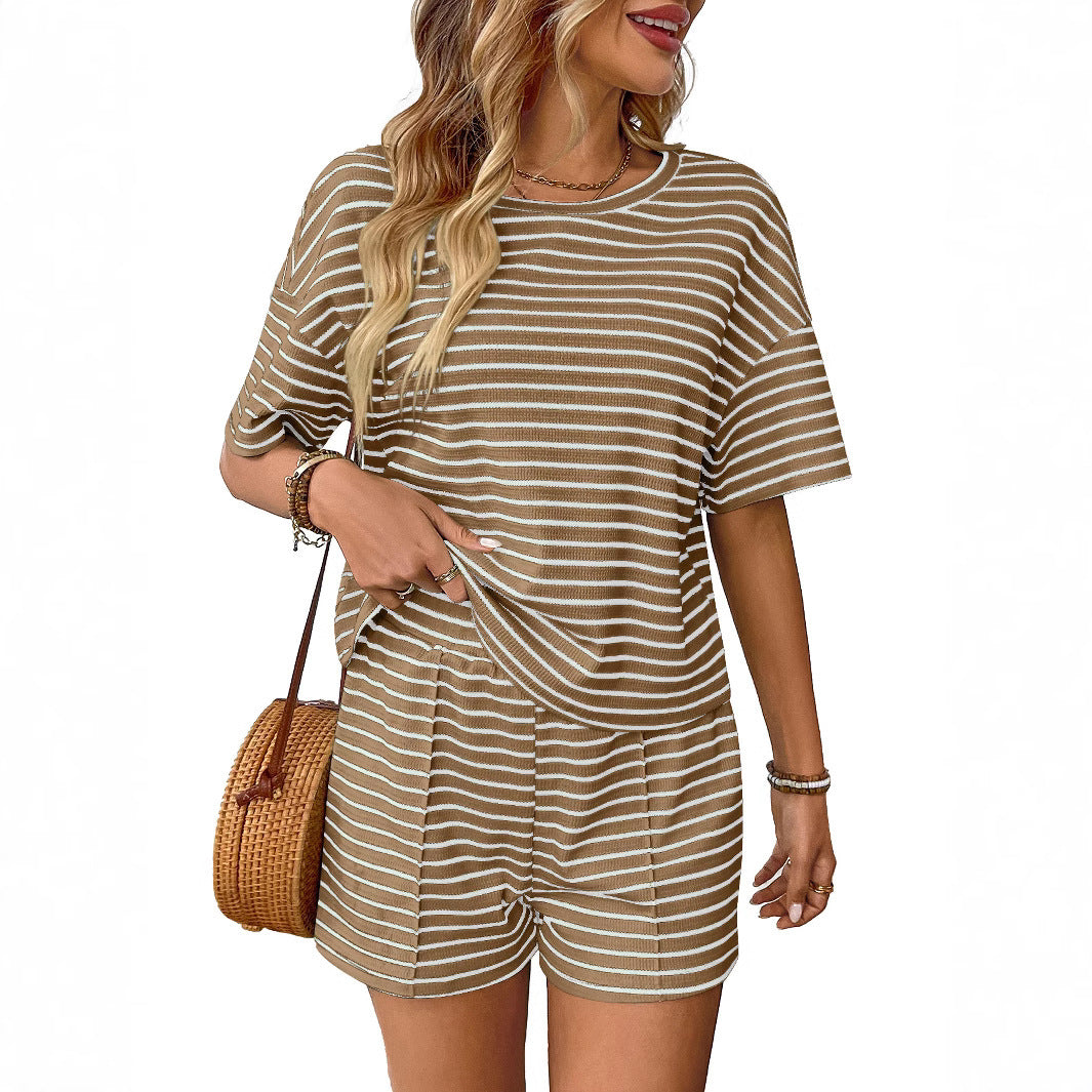 Women's Knitted Striped Fashion Casual Shorts Sports Suit - kinko